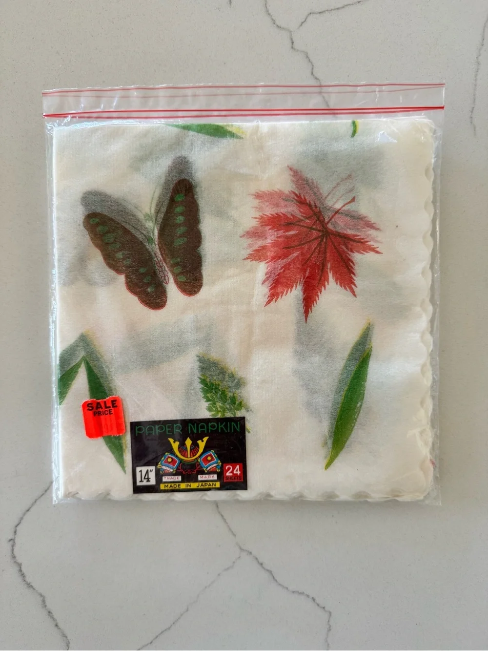 Decorative Butterfly & Leaf Paper Napkins - White with Green & Red Accents
